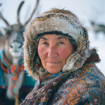 An elderly Yakut woman in national clothes in winter in the tundra, against the backdrop of reindeer, portrait 