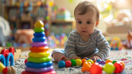 Obraz premium Adorable baby boy playing with stacking building blocks at home while sitting on carpet in living room.