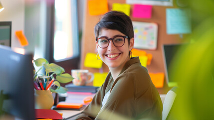 Smiling woman at her workplace, working hard in the office at her desk. Pleasant working atmosphere