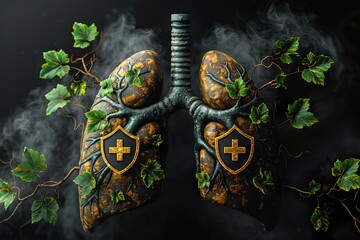 World Tuberculosis Day. 24th march World TB Day celebration banner in dark background with inside view of lungs protected by shields.