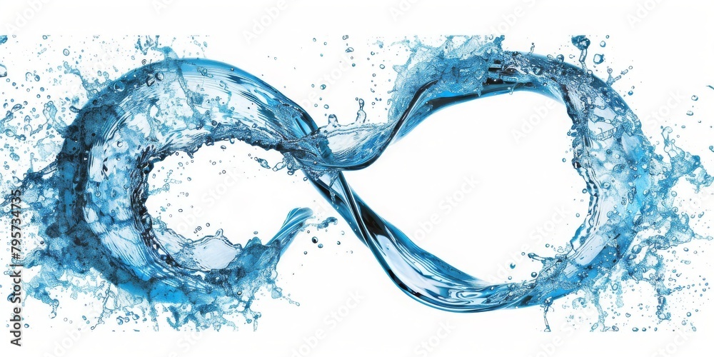 Poster An Artistic Representation of the Infinity Symbol Created with Blue Water and Bubbles, Emphasizing Concepts of Purity, Connection, and Continuity in a Transparent Liquid Form, Generative AI