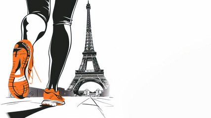 Orange illustration of woman legs running sport at eiffel tower paris - obrazy, fototapety, plakaty