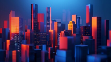 A cityscape with tall buildings and a bright orange sky