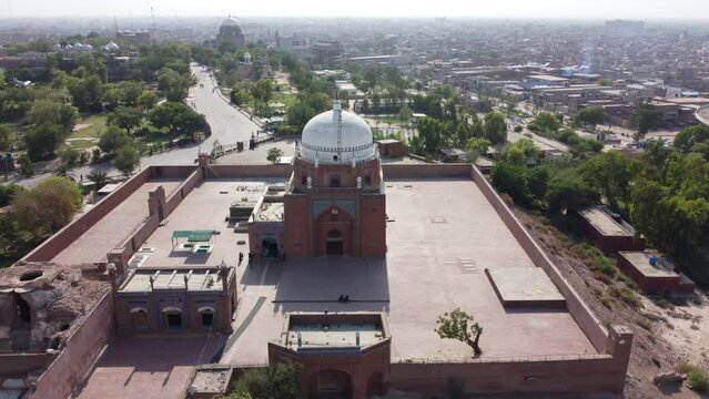 Ariel or Drone View of Multan Darbar Hazrat Bahauddin Zakariya Multani Tomb. Multan Picturesque Breathtaking View of Hazrat Bahauddin Zakariya Tomb on a Sunny Blue Sky Day. Drone View 4K