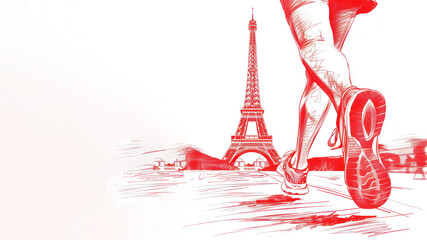 Red illustration of woman legs running sport at eiffel tower paris - obrazy, fototapety, plakaty