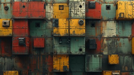A wall made of old, rusted metal boxes in various colors