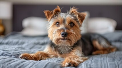 Yorkshire terrier in a cozy bedroom setting with copy space available. Concept Pet Photography, Cozy At-Home Shoot, Yorkshire Terrier, Bedroom Setting, Copy Space