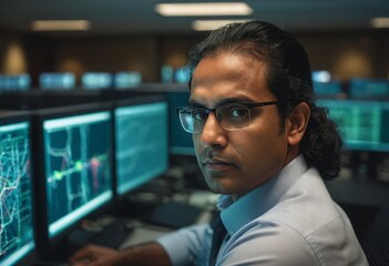A network engineer monitoring data on multiple computer screens, overseeing network security and performance.