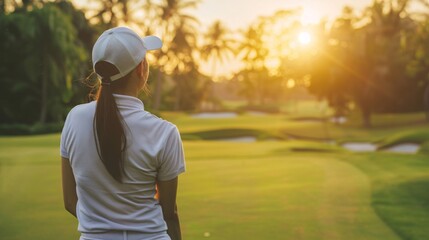 a professional woman playing golf wearing golf sportswear, on golf course