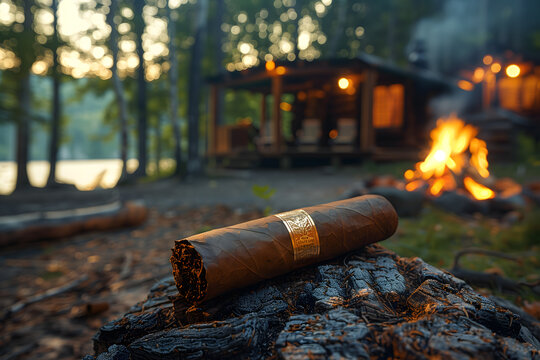 Cigar on a log by an old cabin and bonfire, forest backdrop, captured with Leica lens style&mdash;high definition, soft tones, warm golden hour lighting.