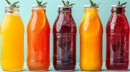   A row of bottles, each filled with distinct drinks and garnished with leafy green sprigs