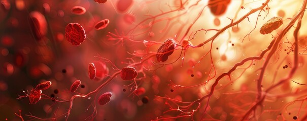 Illustration - red blood cells, erythrocytes, move with the blood flow, image under a microscope, medicine concept.