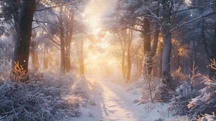 A frosty winter forest scene, snow clinging to every branch, with a soft morning mist rising and the first rays of sun breaking through