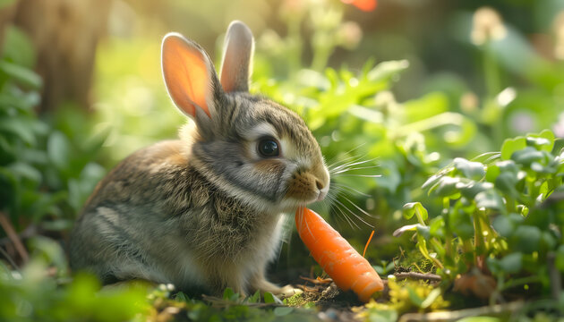 Close-up of an adorable rabbit sitting in a lush green garden eating a carrot