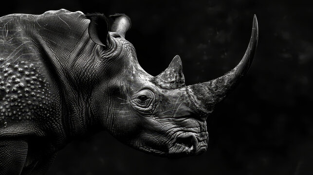  A monochrome image of a rhino with its head tilted, against a black backdrop