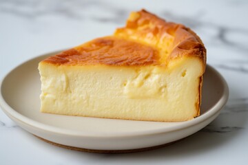 Basque cheesecake slice on a beige plate on a marble background