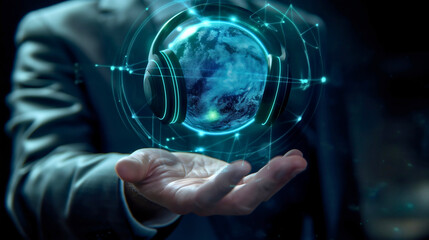 A businessman holding a digital planet earth globe with headphones above his hand. Support office global communication headset, customer service contact center, assistant operator