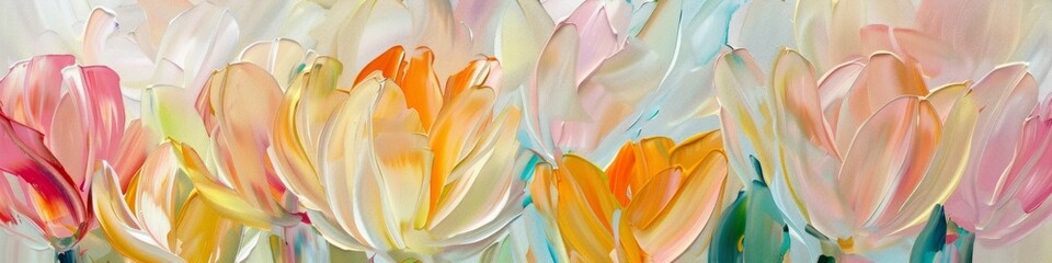 Panoramic Pastel Tulips in Impasto Painting Style