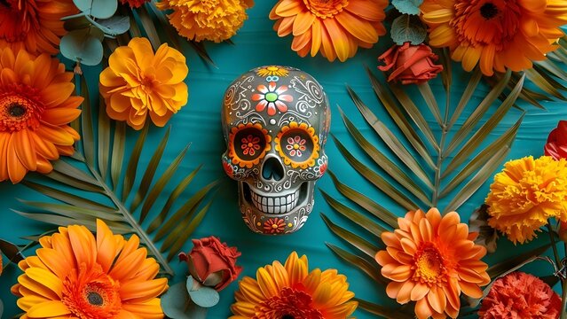 Image of sugar skull and colorful Dia de los Muertos decorations. Concept Mexican Tradition, Day of the Dead, Bright Colors, Sugar Skulls, Festive Decorations