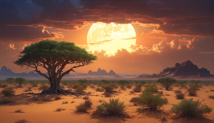 A desert landscape with a large, bright full moon in the sky, surrounded by a barren, dry terrain.
