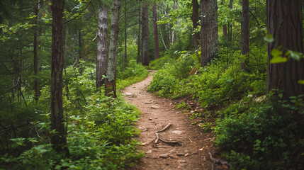 hiking trail in the woods, concept of inner journey, personal development - obrazy, fototapety, plakaty