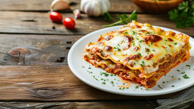 Plate of lasagna on wooden table