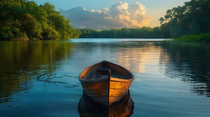 A serene landscape photograph of a peaceful lake surrounded by lush greenery, perfect for boating and fishing