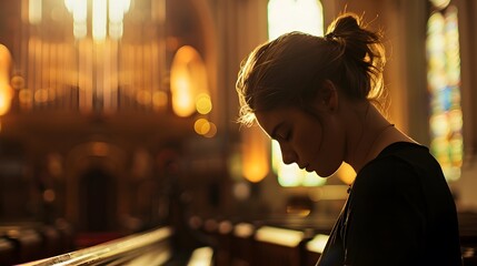 A high-definition photo of a woman with her head bowed in front of a grand organ in a cathedral, organ pipes blurred in the background. - obrazy, fototapety, plakaty