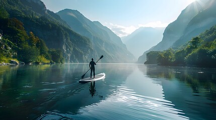 A tranquil scene of a person paddling on a calm lake with mountains in the background, showcasing the serene beauty of SUP boarding - Powered by Adobe