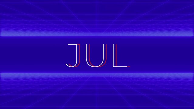 Glowing colorful light disco neon text month  jul . Abstract glowing disco  jul  month text neon light effect on disco animation background. rendering of 3D illustrations	