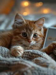 Adorable kitten playing with a knit item and a cell phone on a cozy bed.