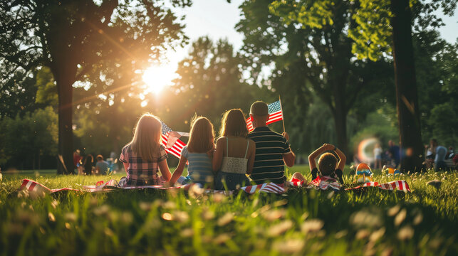 Families and friends at a park, enjoying Fourth of July festivities, waving flags as they enjoy a picnic and fireworks. , natural light, soft shadows, with copy space