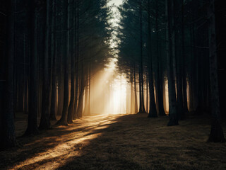 Bosque oscuro con rayos de sol entre los árboles
