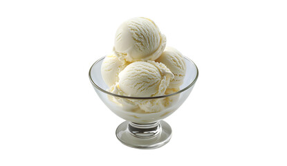  Scoops of vanilla ice cream in glass bowl isolated on white background