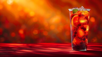   A glass with ice and fruit on a table against a red-yellow light backdrop