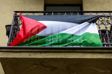 Syrian flag in the city of Kaunas, on the balcony. Lithuania