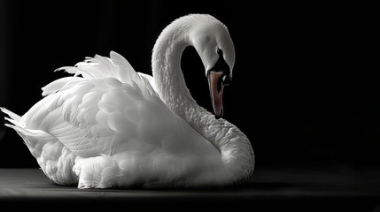   A black-and-white image of a swan with its head tilted and beak agape - obrazy, fototapety, plakaty