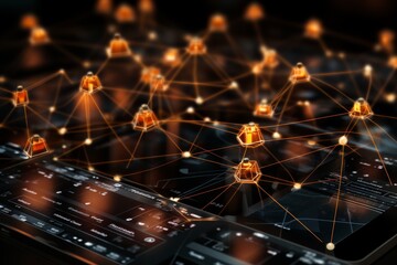 Abstract futuristic network nodes connected by lines with bright orange lights on dark background. Technology, data transfer, communication concept. 3D rendering