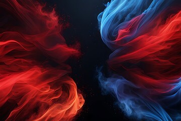  Blue vs red smoke effect black vector background. Abstract neon flame cloud with dust cold versus hot concept. Sports boxing battle competition fog transparent wallpaper design. Police digital banner