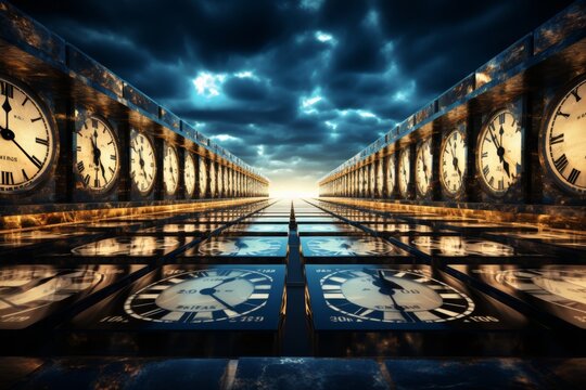 A surreal image of a long hallway with retro clocks showing different times, creating a sense of time distortion and mystery under a dark blue sky