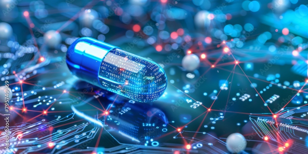 Poster a detailed visualization of medicine and health data, featuring futuristic capsules, digital dashboa