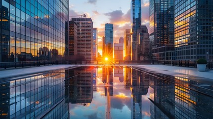 A high-resolution image of a financial district in an urban center, with towering buildings reflecting the early morning sun