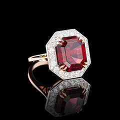 Beautiful red gold ring with diamonds and garnet on a black background