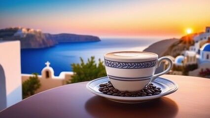 Traditional Greek coffee on the balcony with a beautiful Greek Mediterranean city in the background, A cup of coffee or tea on a blurred background of the evening Greek seascape - obrazy, fototapety, plakaty