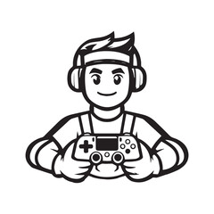 Young man with headphones playing virtual 3d reality simulation game, For mascot logos, Gaming logos, Cartoon logos, sketch, young man character holding gamepad, 