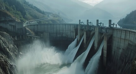 Massive dam with water gushing, surrounded by misty mountains.