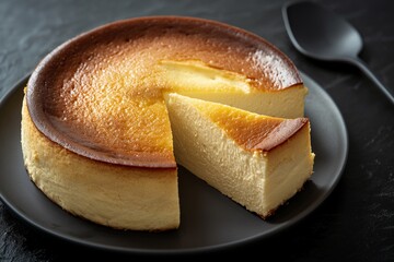 Basque burnt cheesecake with a smooth slice on a dark plate