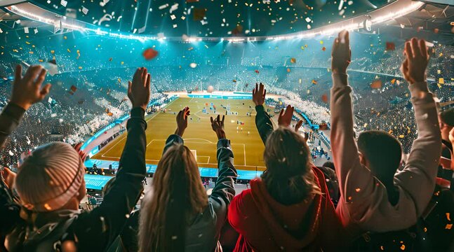 Football fans raise their hands enthusiastically