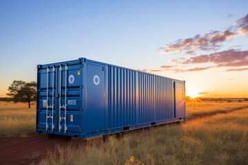 Obraz premium A blue shipping container on a field at sunset. The sky is blue and orange with the sunset. A simple rectangular structure with a door and window, no other buildings