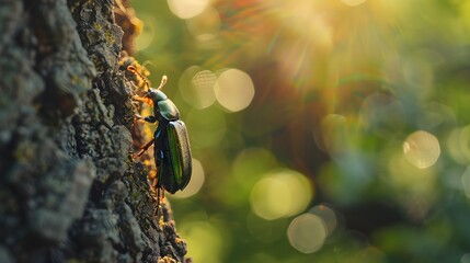 A jewel beetle on a tree bark, reflecting the sunlight on its metallic shell, with a soft bokeh effect of the green foliage in the background - obrazy, fototapety, plakaty